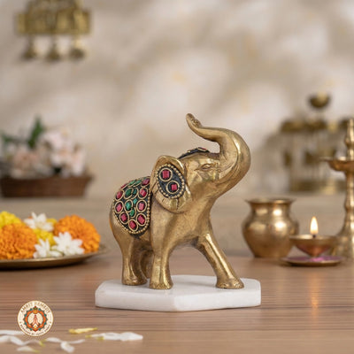 Brass Trunk-Up Elephant with Stone Work for Decor & Vastu (12 cm)